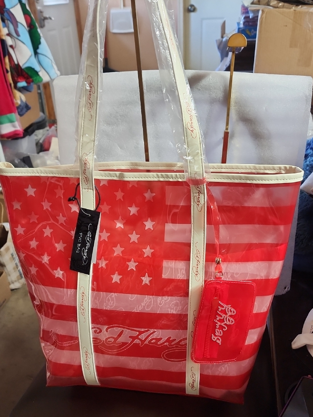 Ed Hardy 2 Fer Patriotic Star-Stripe Tote & Zippered Hang Tag Nwt